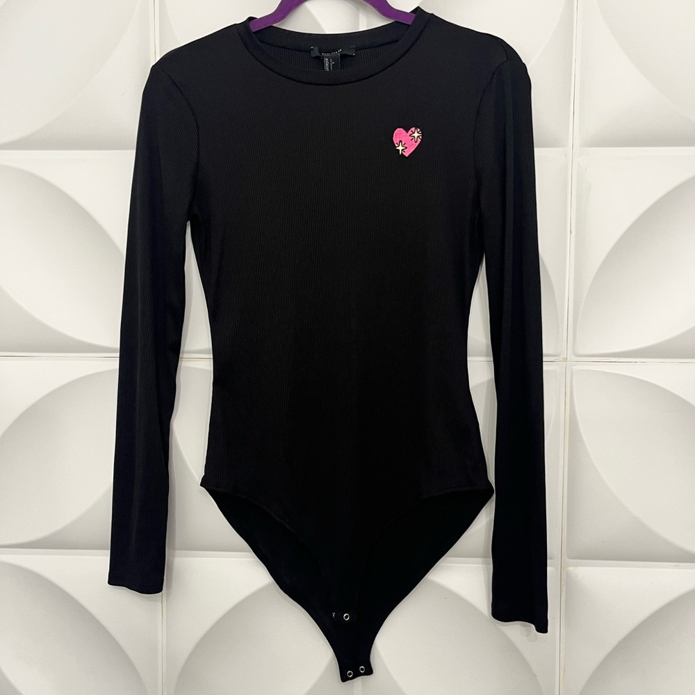 Forever 21 Black Bodysuit with Pink Heart